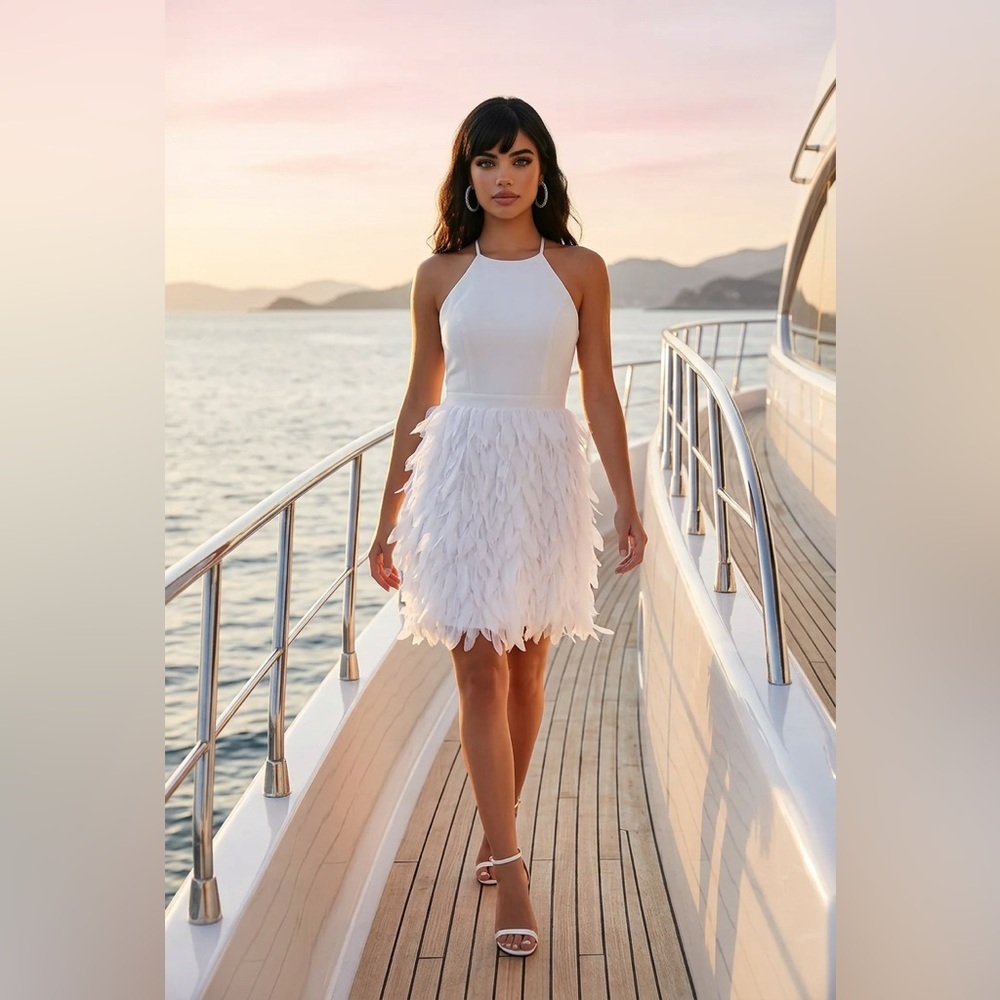 Aidan Mattox White Feather Cocktail Dress Size 4 Bridal Shower Party Mini